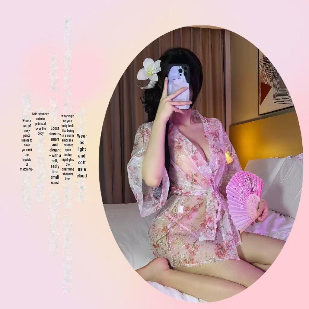 Alluring Deep V Japanese Kimono Pajamas Set with Sheer Outer Blouse and Bathrobe - Women's Sensual Lingerie