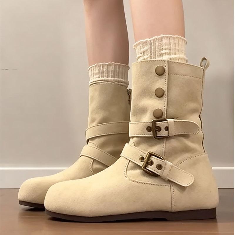 Retro belt buckle round head flat heel short boots women's 2025 autumn and winter new comfortable versatile fashion Martin boots