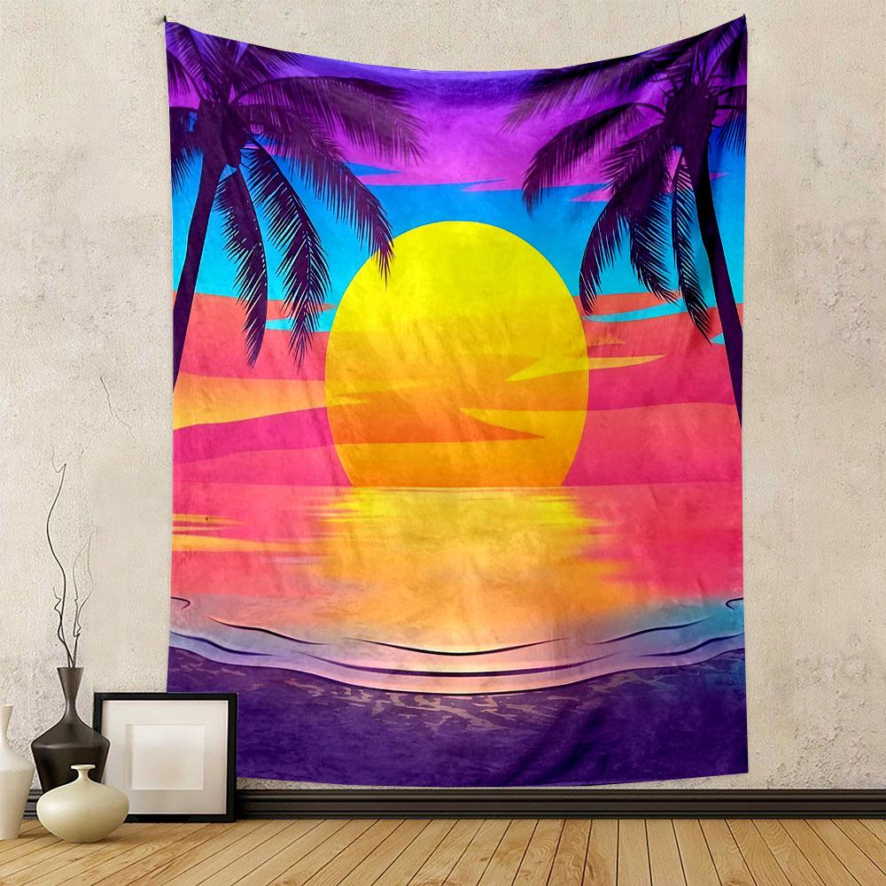 Tropical Sunset with Palm Trees Patterned Tapestry Decorative Wall Hanging, Home Bedroom Living Room Decor