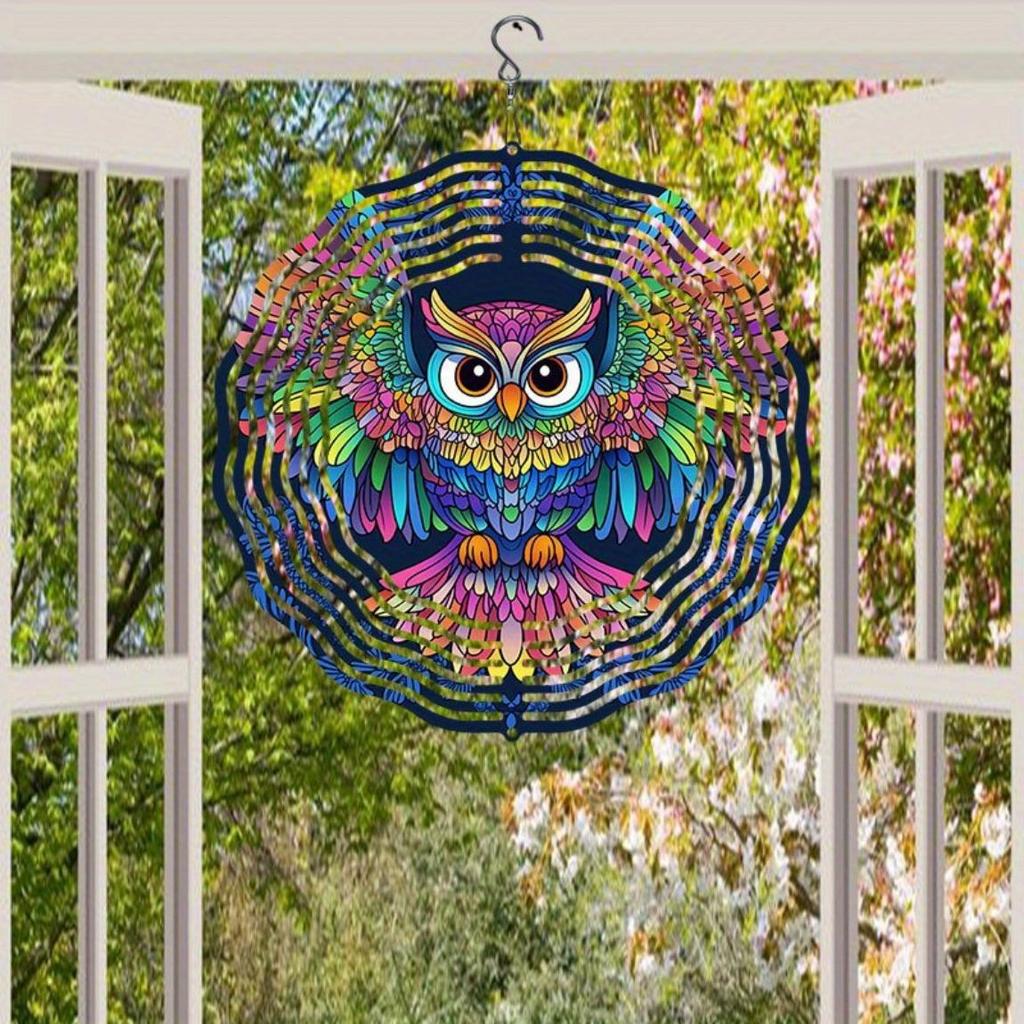 Colorful 3D Owl Metal Wind Chime - Outdoor Hanging Garden Decor with 360° Rotating Hook, Handcrafted Patio Ornament for Home, Wedding