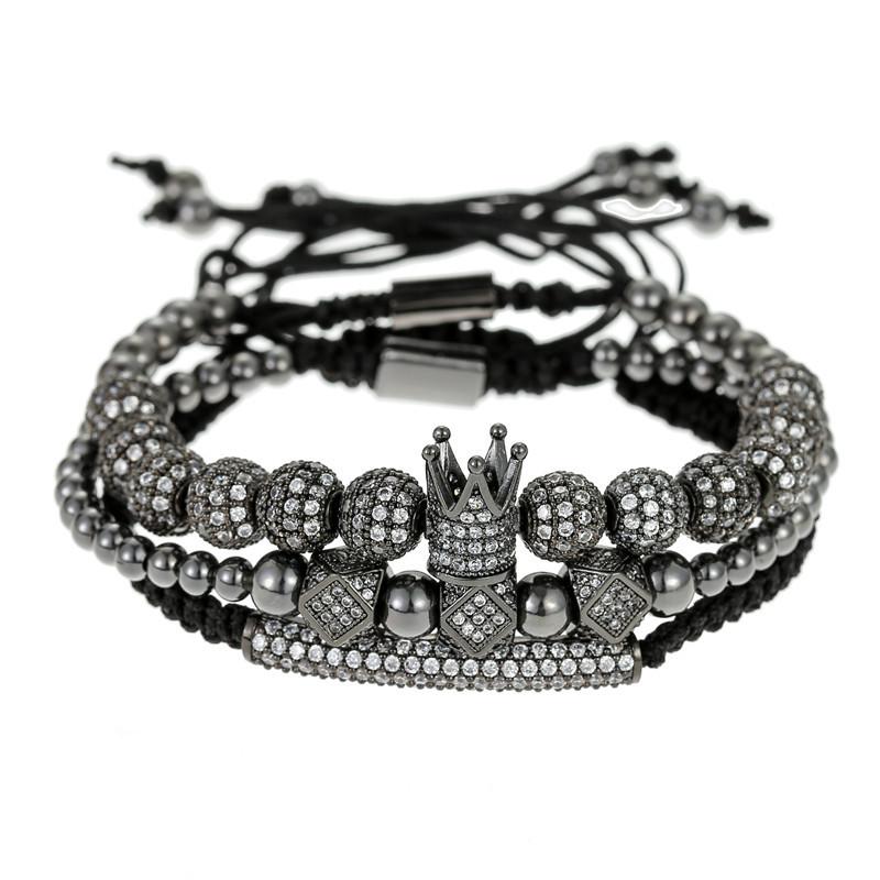 European and American Jewelry Copper Bead Braided Copper Inlaid Zirconium Diamond Ball Crown Elbow Rhombus Geometric Three-piece Bracelet Men