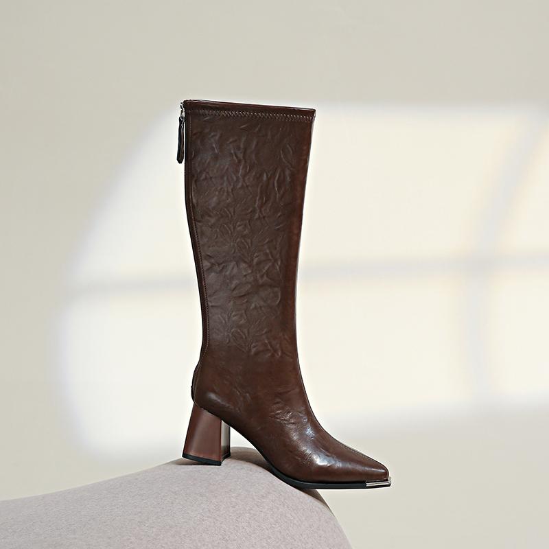 Módní kozačky nad koleno s špičatou špičkou Dámské 2025 Nové podzimní a zimní retro černé kozačky nad koleno na vysokém podpatku