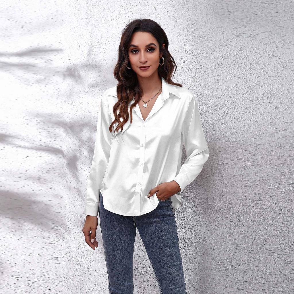 Women's Long Sleeve Silk Feeling Shirt Wrap Knot Casual Blouse