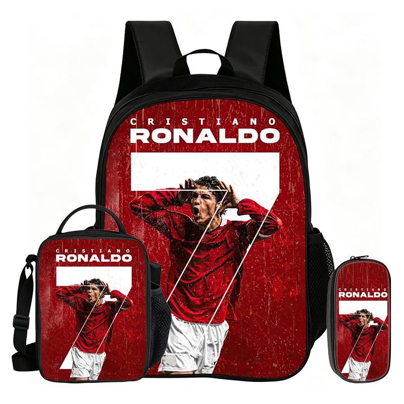 Ronaldo 3Pcs Set School Backpack Football Sport Backpack,Pencil Bags,with Lunch bag,Football Star Bookbag Knapsack