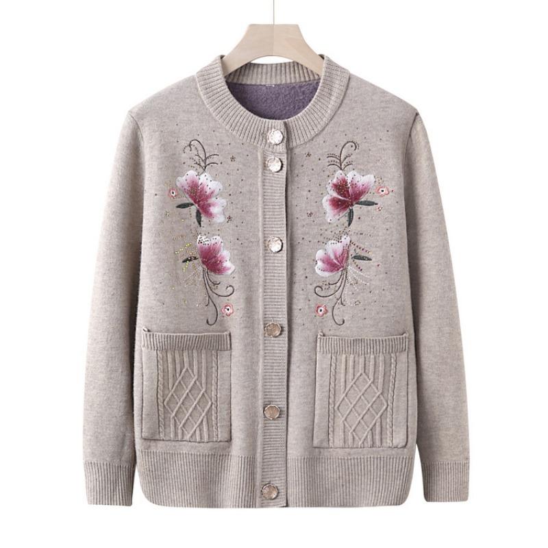 Granny Fleece Sweater Middle Old Man Autumn and Winter Thickened Coat Female Mother Cardigan Knitted Sweater Warm Top