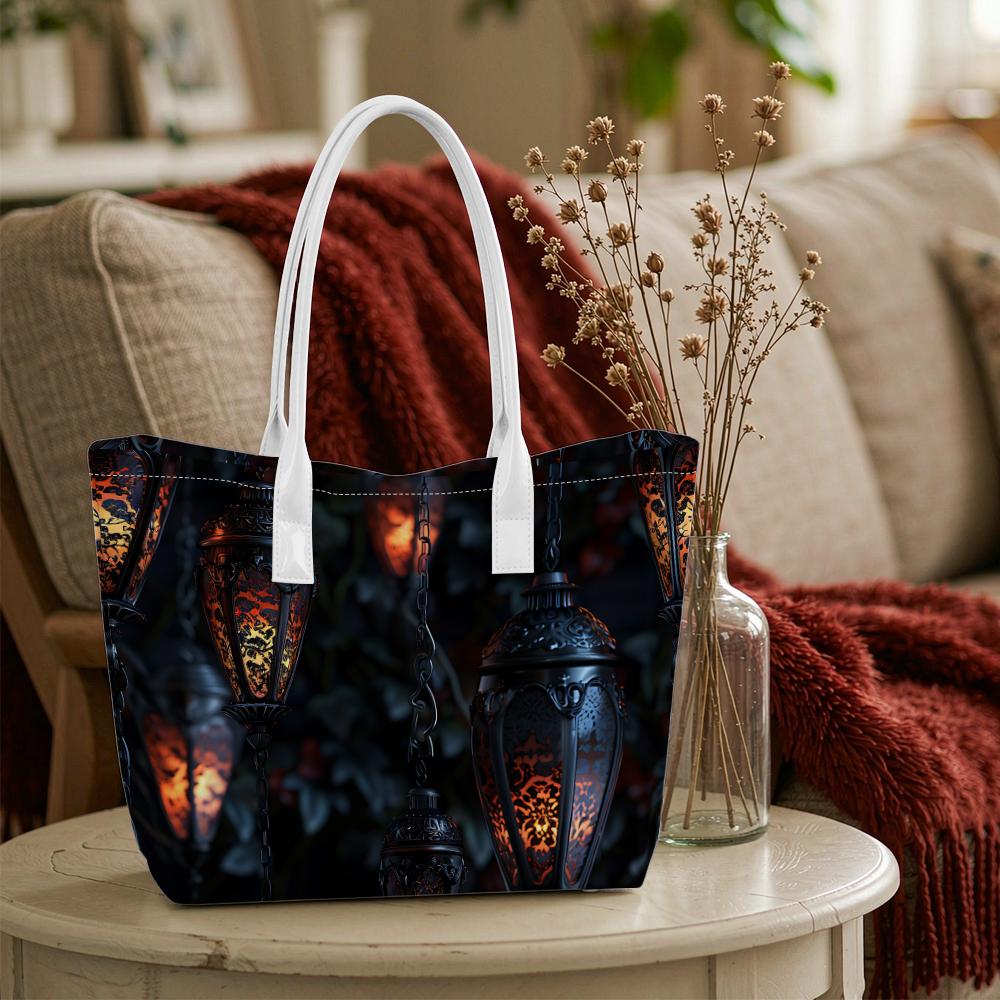 Vintage Lantern Print Women Shoulder Tote Bag Casual Daily Outdoor Carry Handbag
