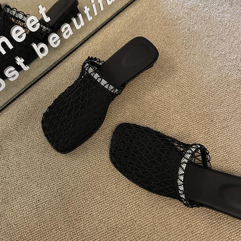 2025 summer new black hollow rhinestone flat half slippers women's spring and summer temperament bag head sandals