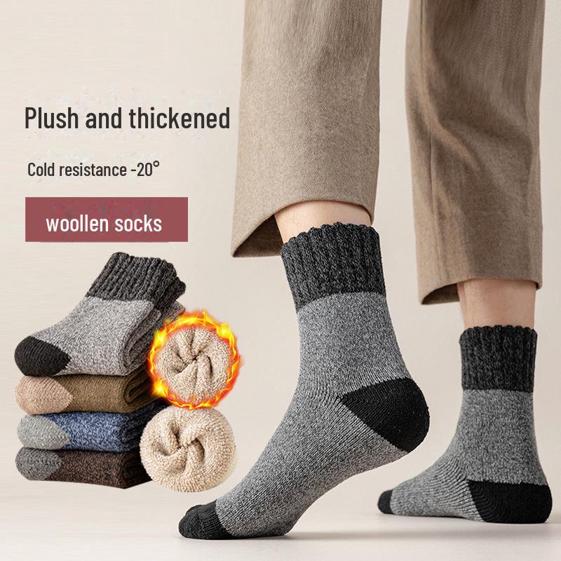 Men's Wool Blend Thermal Socks - Mid-Tube Color Match, Thickened Velvet, Ideal for Autumn/Winter, Sleep, and Towel Floor Use