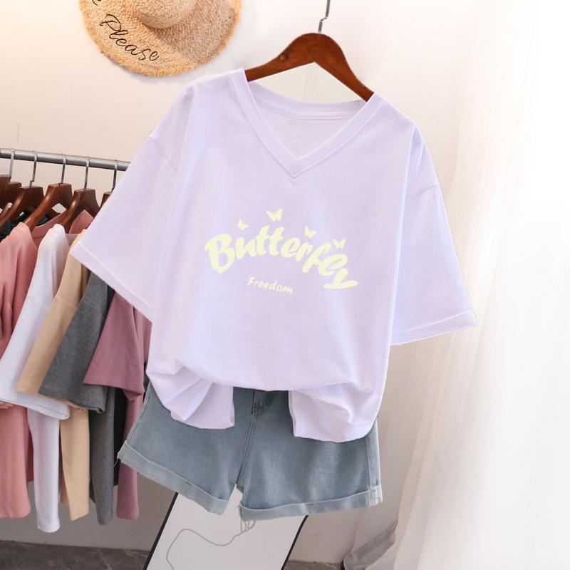 

Short-sleeved T-shirt for Women, Large Size, Loose and Slimming, Printed V-neck Top S білий