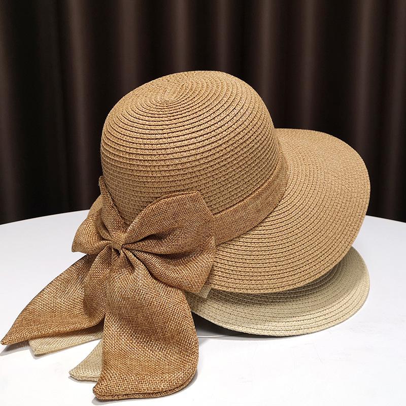 Simple Bowknot Straw Bucket Hat Elegant Solid Color Sun Hat Trendy Foldable Travel Beach Hats for Women Daily Uses Summer Outdoor