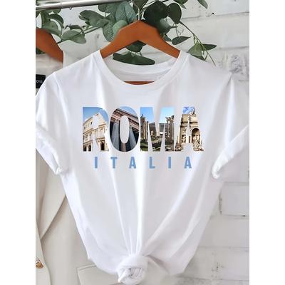 European Size Letter Print T-shirt, Casual Crew Neck Short Sleeve Top For Spring & Summer, Women's Clothing