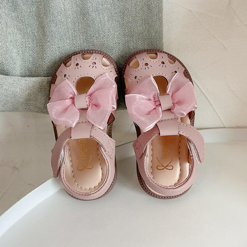 Trendy Princess Girls  Soft Sole Summer Sandals - Hollowed-Out Bow Design, Closed-Toe Beach Shoes. 29 розовый