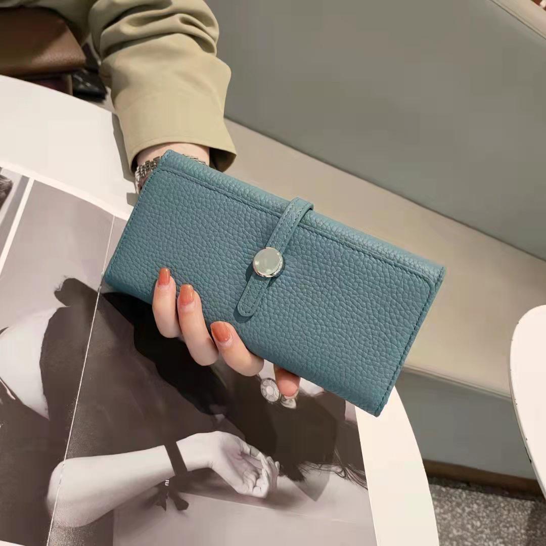 

2024 Длинные женские кошельки из натуральной кожи, брендовый дизайн, клатч, отличный бумажник из телячьей кожи, держатель для карт, клатчи для сотового телефона светло-синий