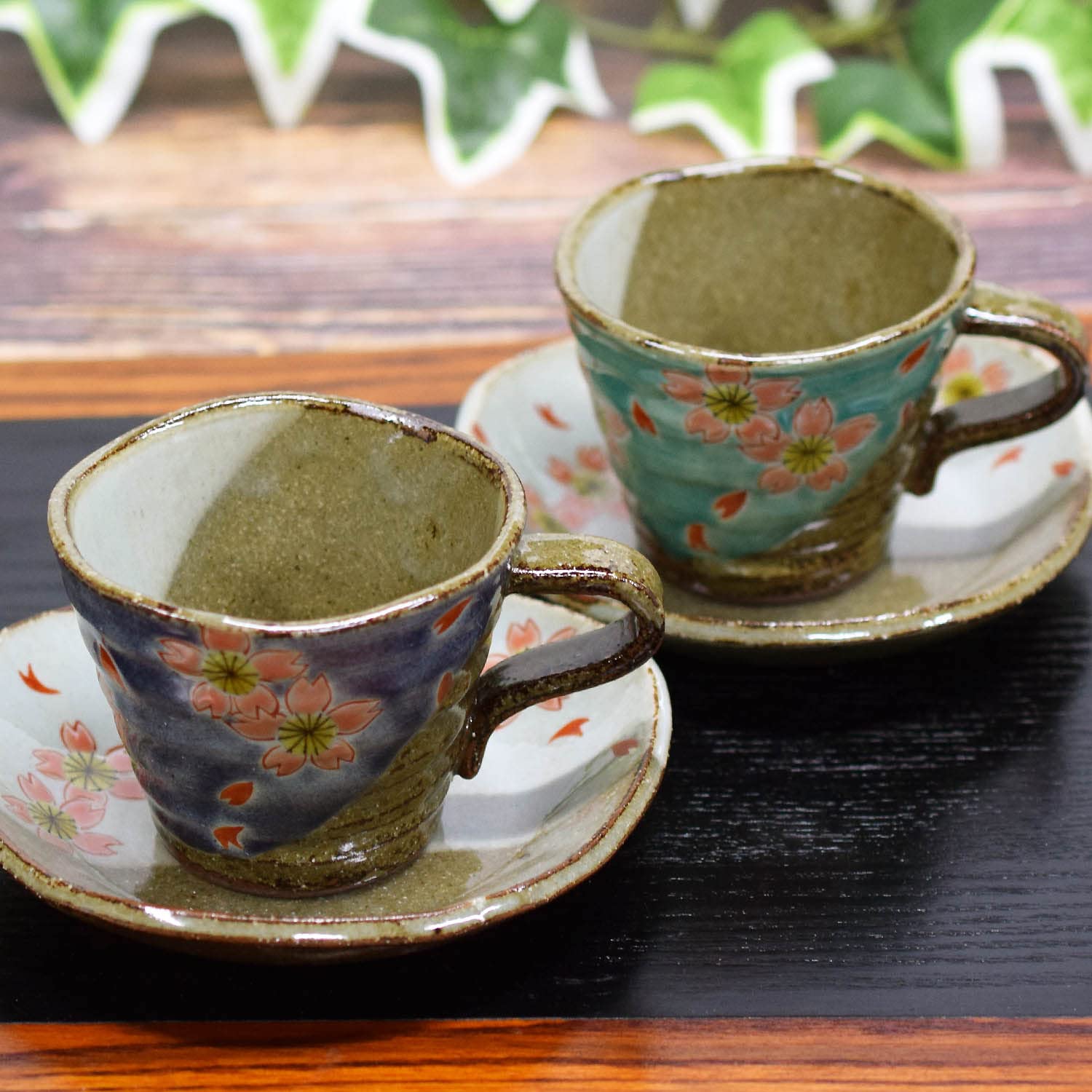 

Waza no Kura Kutani Ware Stylish Coffee Cup Pair Set with Cherry Blossom Design, Ceramic, Brand Name, Made in Japan, Wedding Gift