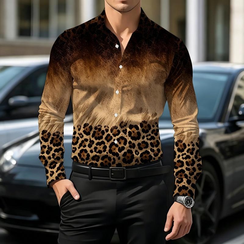 Retro Style Gradient Leopard Print Men's Shirt with Contrasting Print, Slim Fit Long Sleeved, Personalized Street Fashion Shirt
