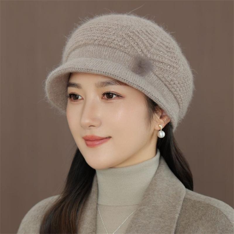 Knitted Bucket Hat Women's Autumn and Winter Velvet Warm In the Elderly Mother Hat Ear Protection Cold Thickening Foreign Gas Knitting