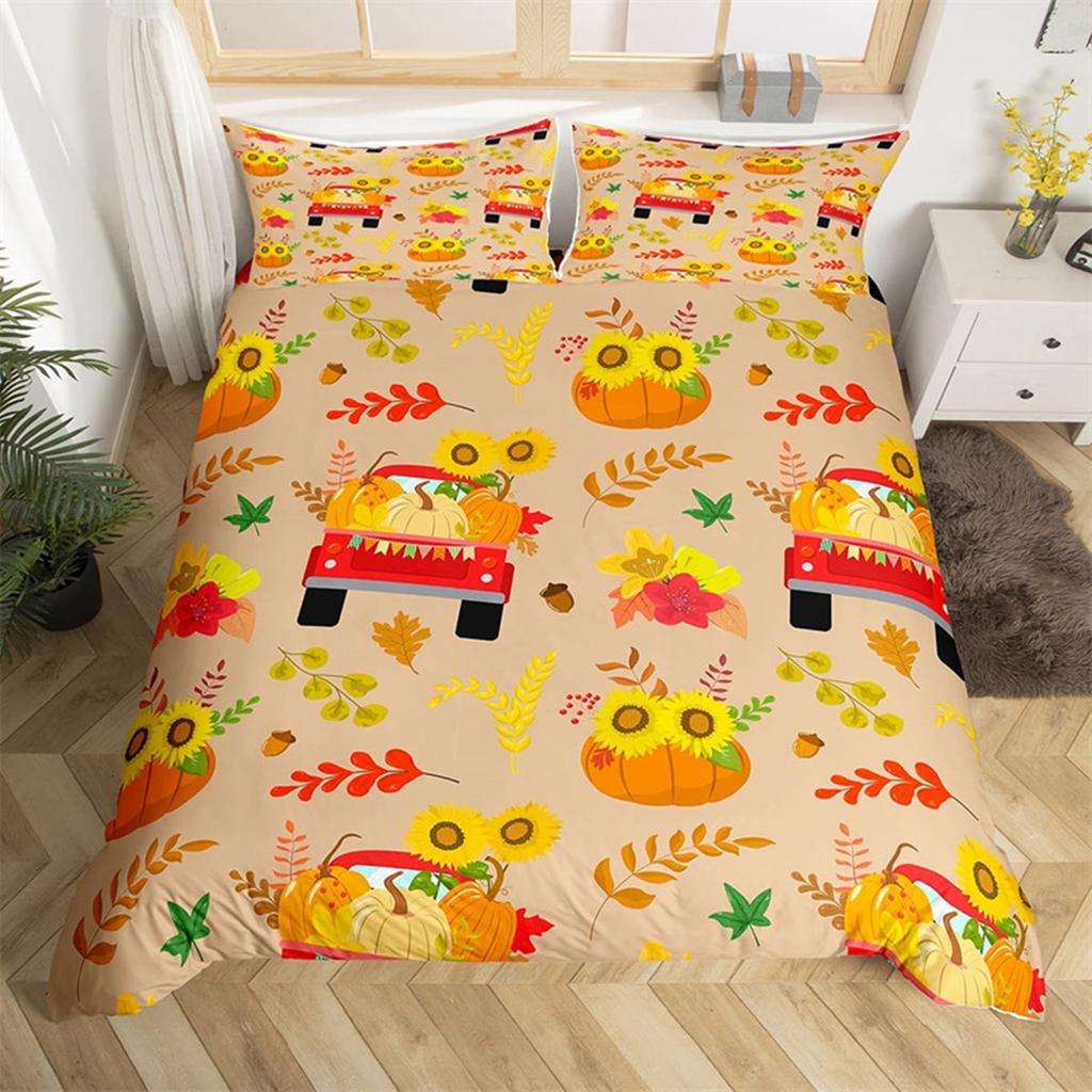 Fall Maple Leaves Autumn Harvest Theme Duvet Cover Cartoon Christmas Santa Thanksgiving Pumpkin Holiday Decor Gifts for Children