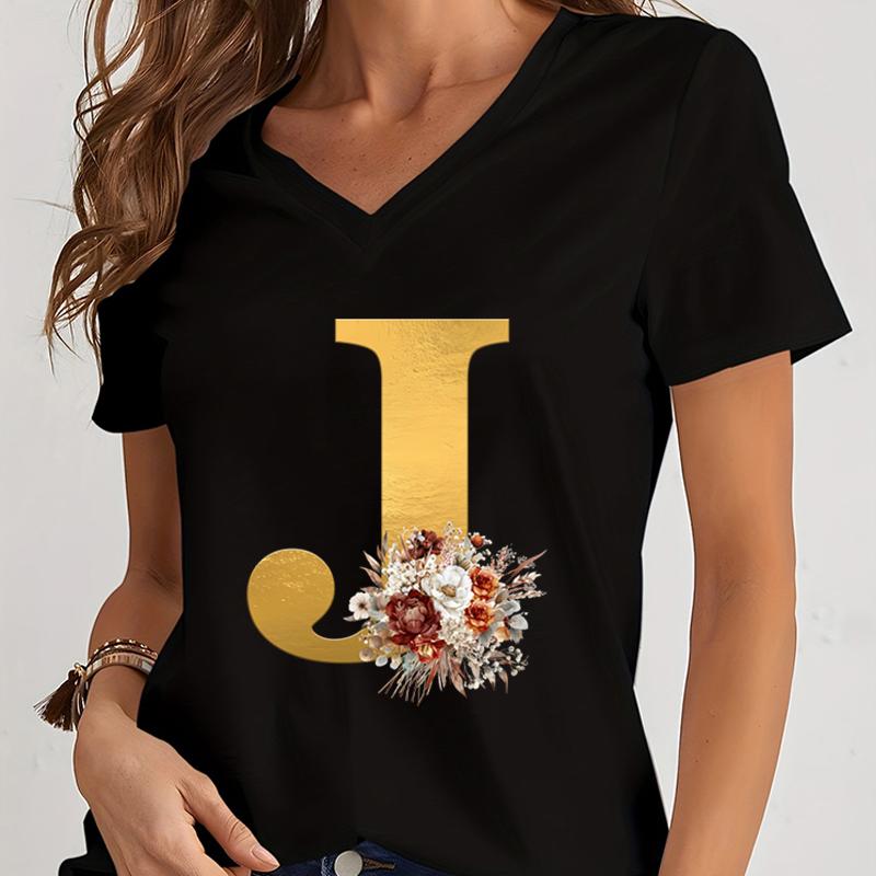 Vintage Flower Alphabet Graphic T Shirts Women Alphabet Rose Gold Essential Women Clothing Gift for Alphabet Floral Lover Tshirt