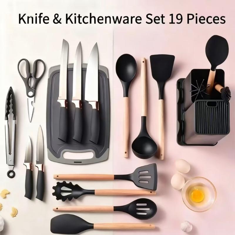 Wooden Handle 19 PCS Silicone Kitchen Utensil Set Food Grade Sharp Knives for Beginner Chef Cooking Use