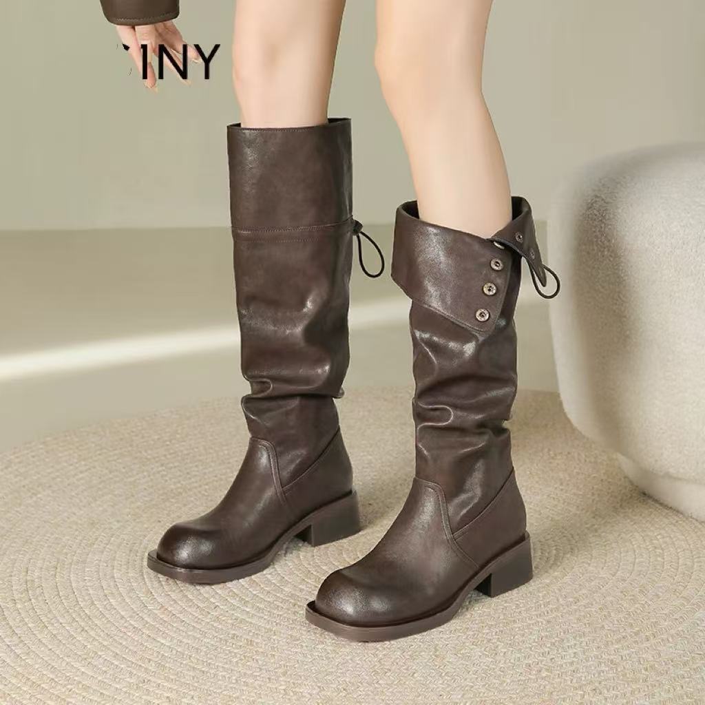 Cowhide Version~ Genuine Leather Platform Two Through Knee Boots Women's Retro Thick Heel Stacked Boots Western Cowboy Boots Knight Boots