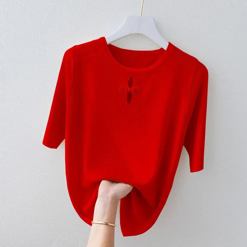 

Women s Red Crew Neck Half Sleeve Knit Top Keyhole Detail Stretchy Comfortable Daily Blouse S