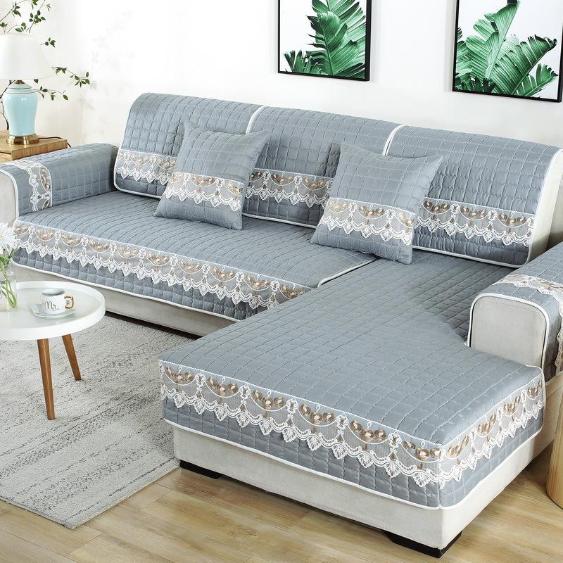 Solid Color Fabric Art Sofa Mat Light Luxury Lace Edge Anti Slip Sofa Cover European Style L-shaped Corner Dustproof Sofa Cover