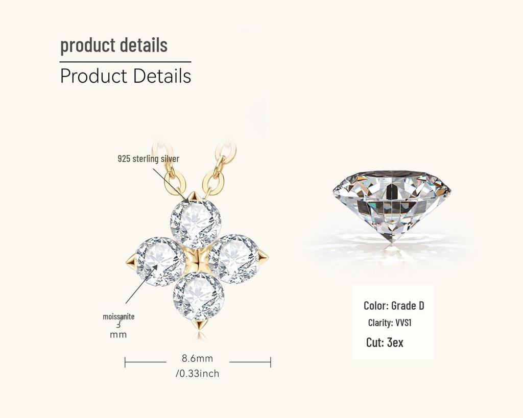 Four-Leaf Clover Necklace: Japanese & Korean Style, S925 Sterling Silver Moissanite Pendant, Gold-Plated Clavicle Chain