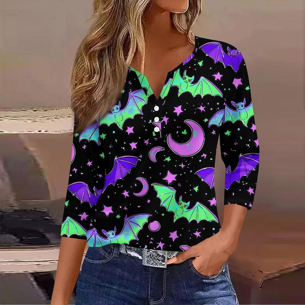 Women's Casual Fashion V-neck Loose Versatile Halloween Print Three-quarter Sleeve Top