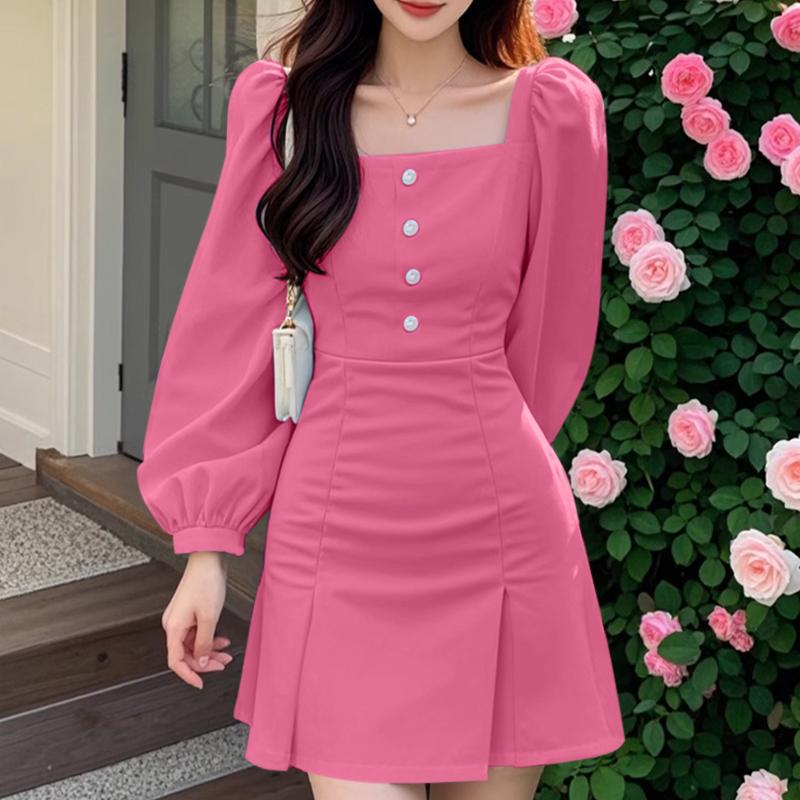 VONDA Women Casual Square Neck Puff Long Sleeve Solid Color Hip Dresses