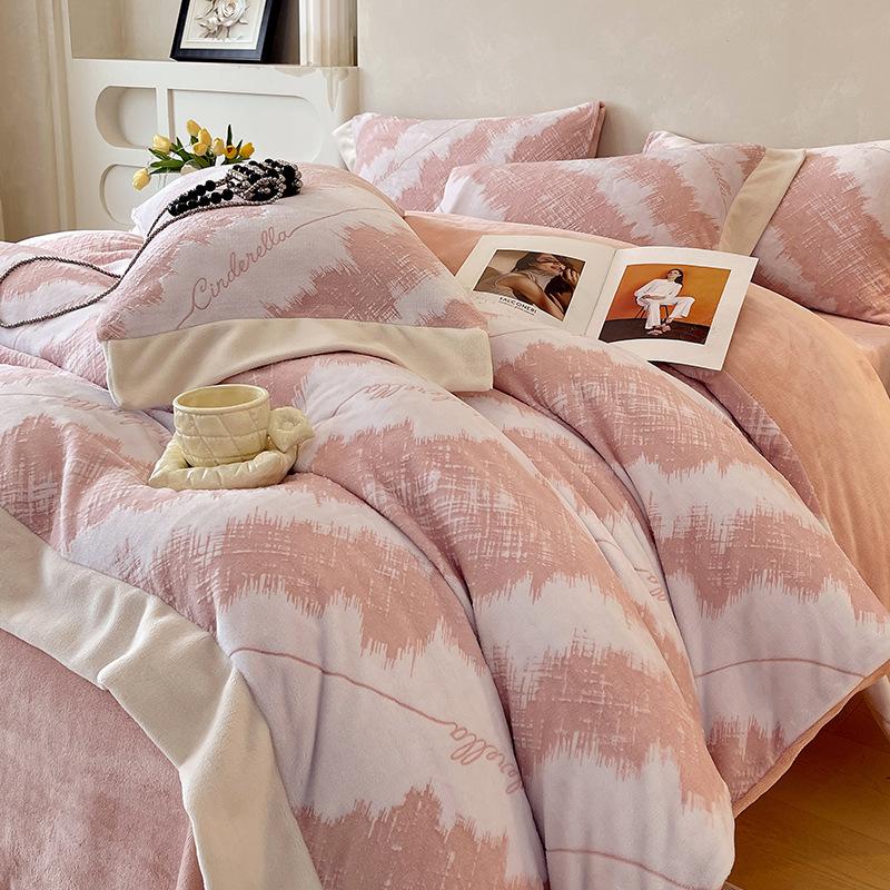 Thickened Milk Fleece Four-Piece Korean Carved Coral Fleece Double-Sided Flannel Quilt Cover Bed Sheet Bedding