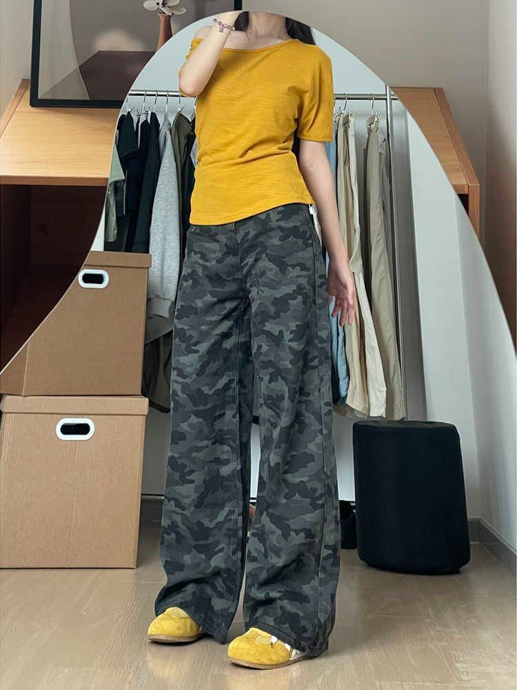 Comfortable Camouflage High Waist Wide Leg Jeans Women High Street Hundred Match Skinny Loose Straight Trousers Jeans for Women Long Denim Pants