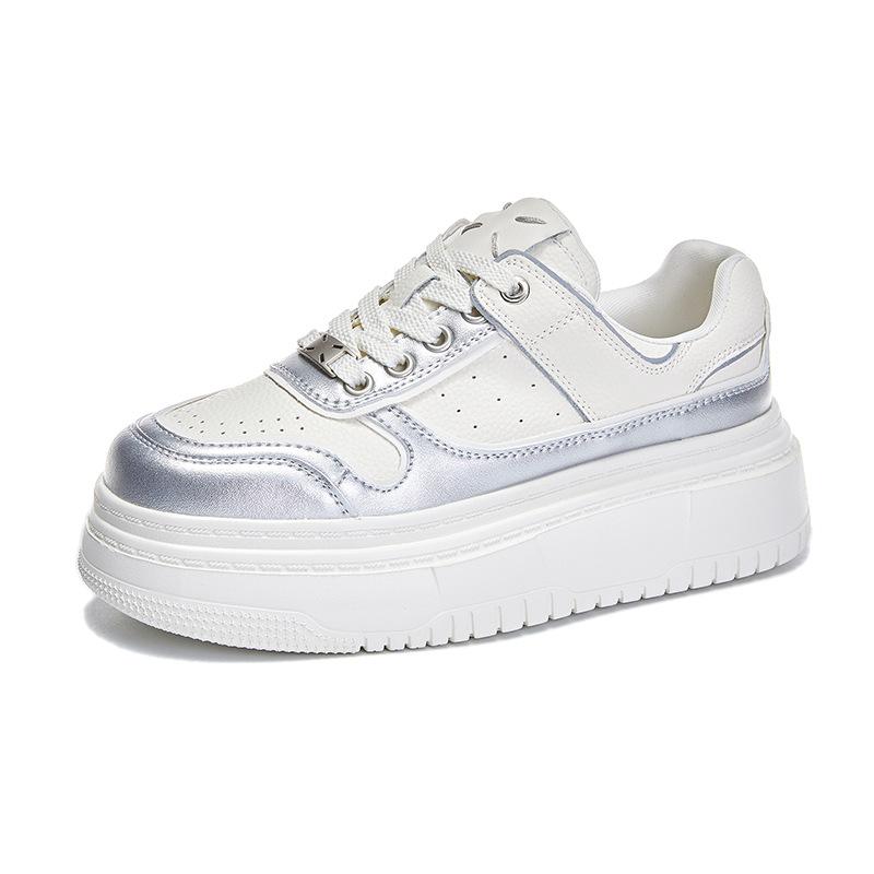 Foam Sole Leather Little White Shoes Women's 2025 Spring New Silver Heightening Board Shoes Casual Platform Ins Style Women's Shoes