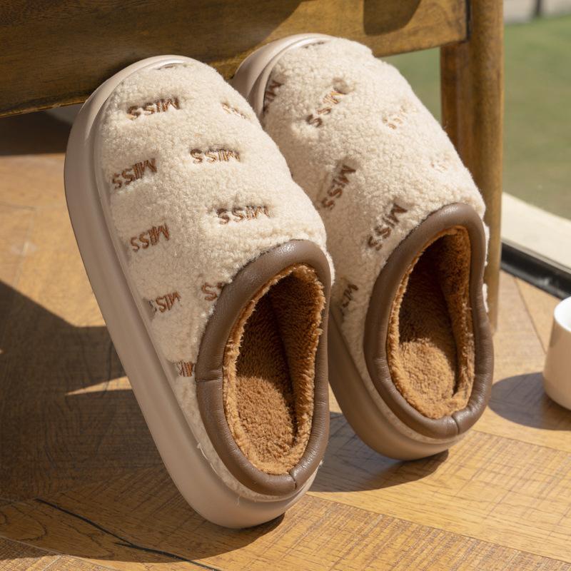 New Soft Thick-soled Embroidered Plush Slippers Autumn and Winter Couple Shoes Home Plush Warm Non-slip Cotton Slippers