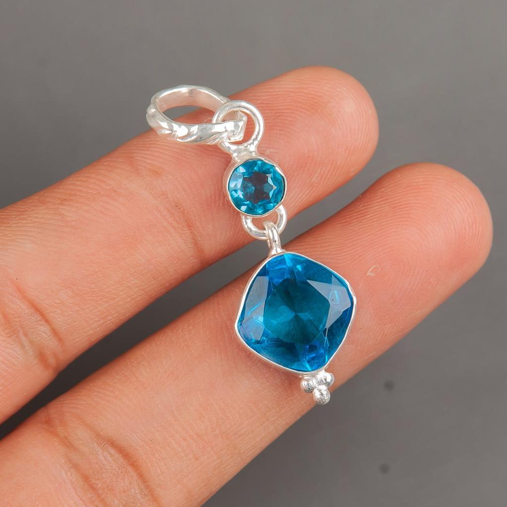 Swiss Blue Topaz Gemstone 925 Sterling Silver Jewelry Handmade Pendant 1.60" PP-9-2