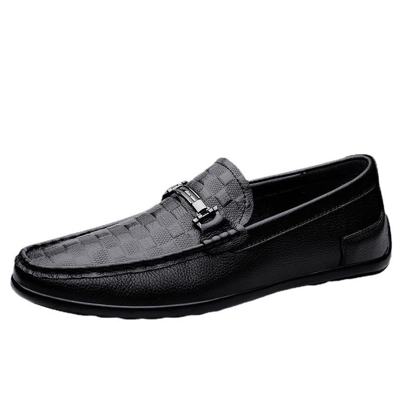 Embossed Plaid Casual Leather Shoes First Layer Cowhide Casual Beanie Men's Shoes Large Size Men's Small Leather Shoes