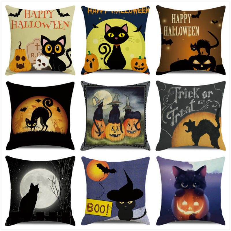 Halloween! Watercolor pumpkin black cat Digital printing short plush pillow covers for car sofa office cushion cover home goods