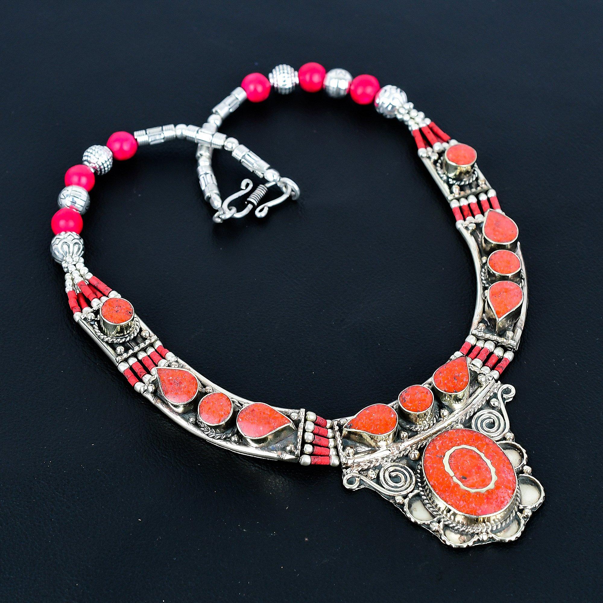 

Ожерелье из красного коралла из серебра 925 пробы, ожерелье из тибетского серебра, богемное антикварное ожерелье, украшения ручной работы, непальское ожерелье, подарок для жены 20 красный