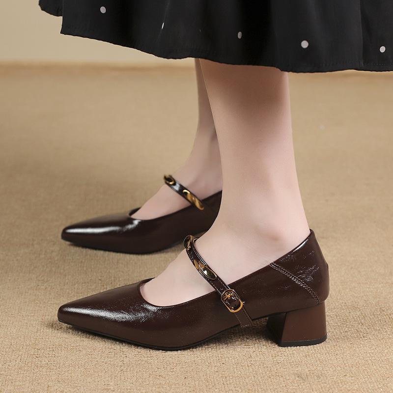 Korean Version of Thick Heel Mary Jane Retro Small Leather Shoes Women's 2025 New Autumn Pointed Head Shallow Mouth Retro Word with Single Shoes