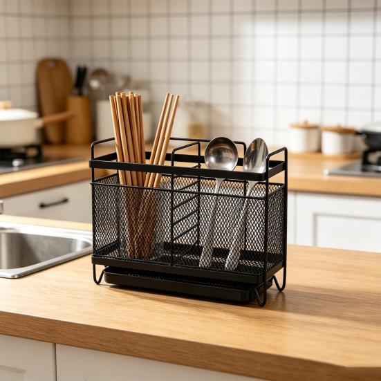 Utensil Storage Rack with Divided Compartments Organizer Drainage Holes Design Rack for Kitchen Countertop