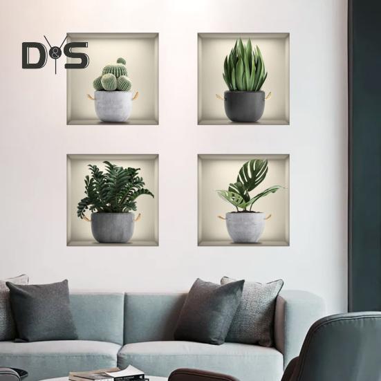 4 sztuk/zestaw wyraźna naklejka ścienna artystyczna naklejka doniczkowe rośliny zielone motyw atrakcyjna naklejka ścienna do dekoracji salonu biurowego