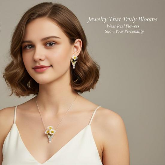 Bouquet Necklace And Earrings Set Mini Vase Pendant Insert Real or Dried Flowers Jewelry for Mom Grandma Aunt