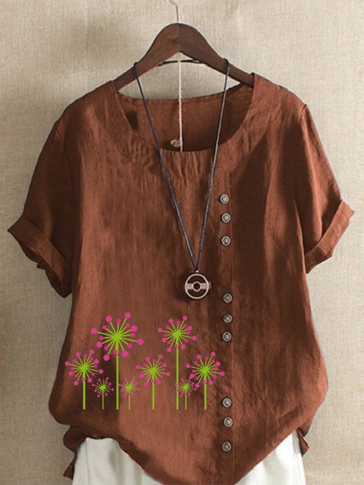 

Женская льняная рубашка, летняя мода, повседневная футболка с круглым вырезом и цветочным принтом, топы с коротким рукавом, свободная блузка 5XL