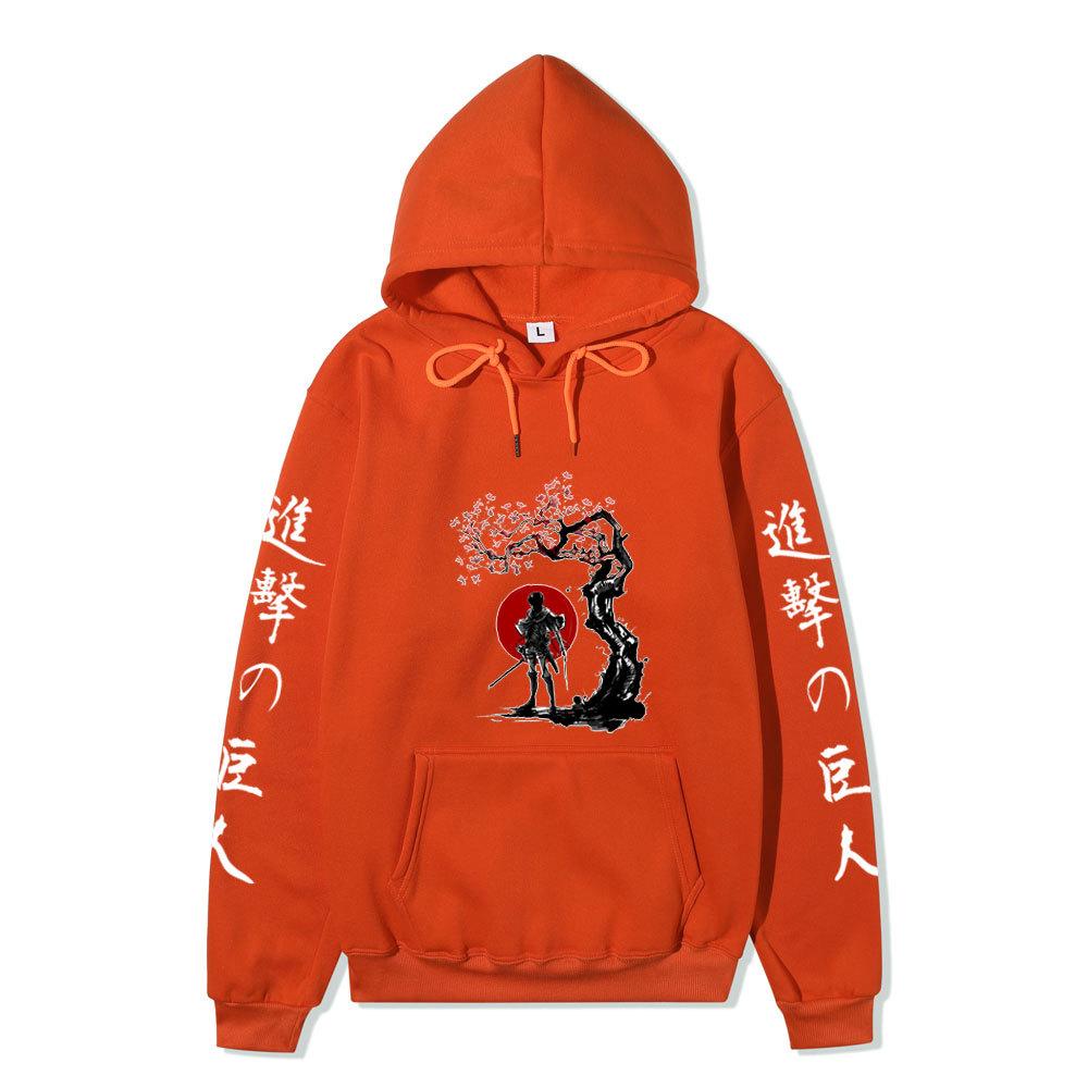 Attack On Titan Samurai Sakura Sun Design Unisex Fleece Hoodie Vertical Japanese Kanji Sleeve Anime Long Sleeve Pullover Sweatshirt