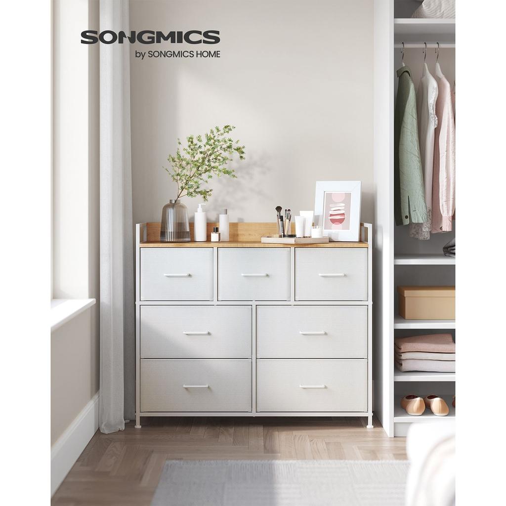 SONGMICS LTS523W57 Chest of Drawers, Closet, Storage Unit, 7 Drawers In Fabric with Handles, Metal Frame, Modern Style, White and Wood Colour