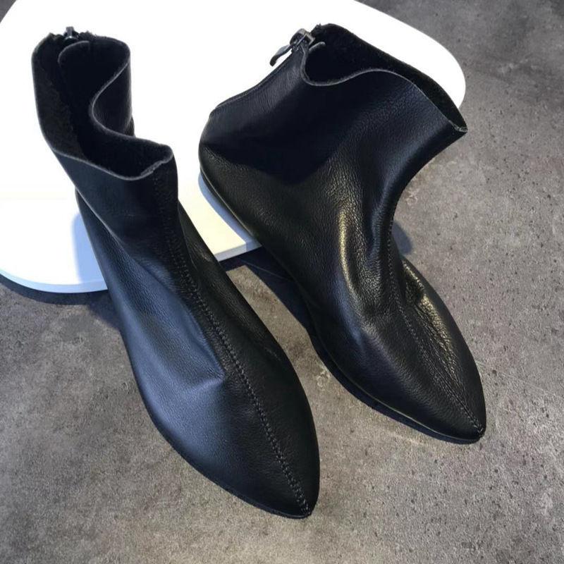 Flache, einzelne kurze Stiefel mit spitzer Spitze für Damen, weiches echtes Rindsleder, flache, rutschfeste, vielseitige Stiefeletten