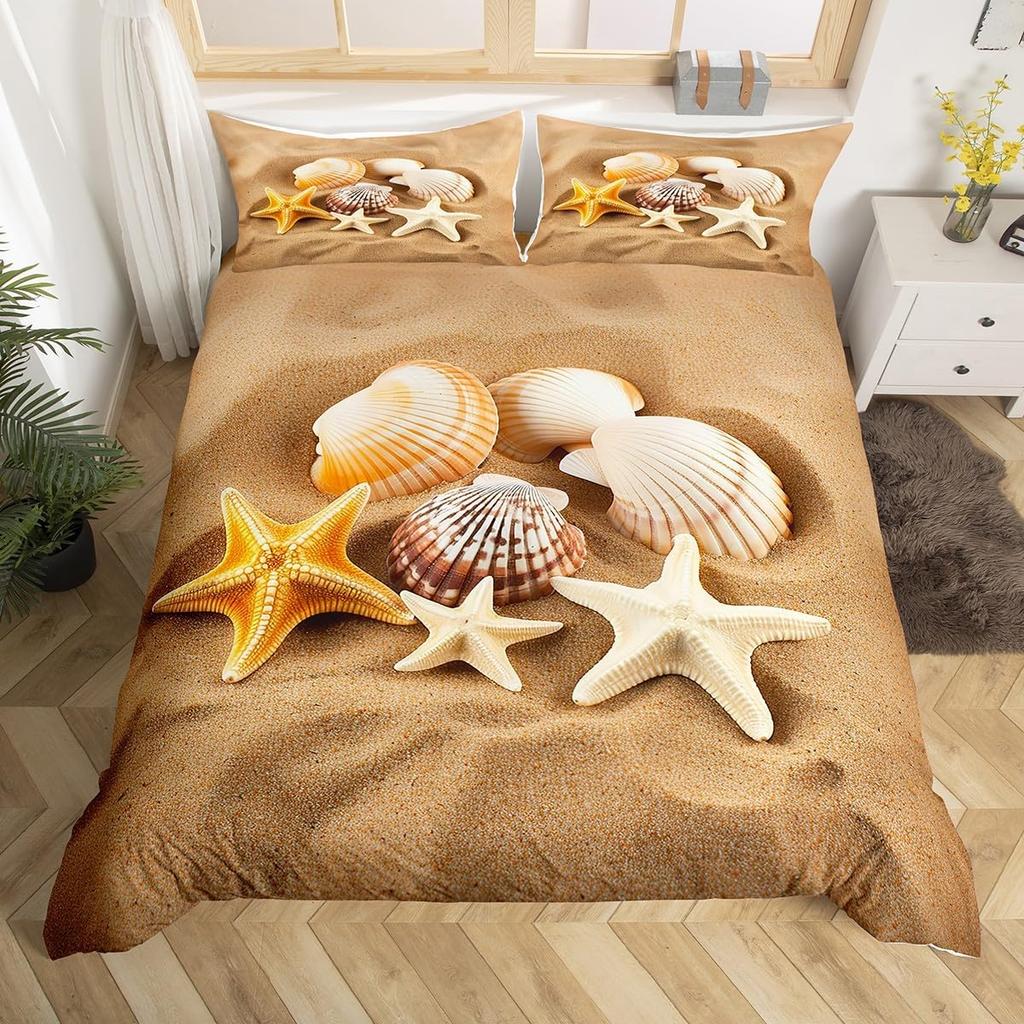 Summer Beach Theme Duvet Cover Twin Queen, Starfish Conch Seashell Bedding Set for Boys Girls Bedroom, Ocean Animal Bed Cover
