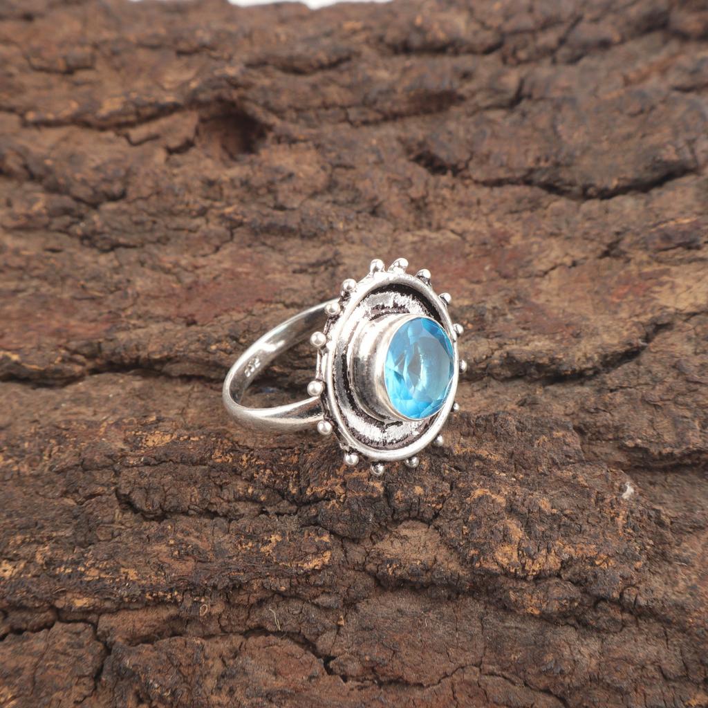 Natural Swiss Blue Topaz 925 Silver Wedding Stackable Anniversary Gift Boho Ring RR-49-8