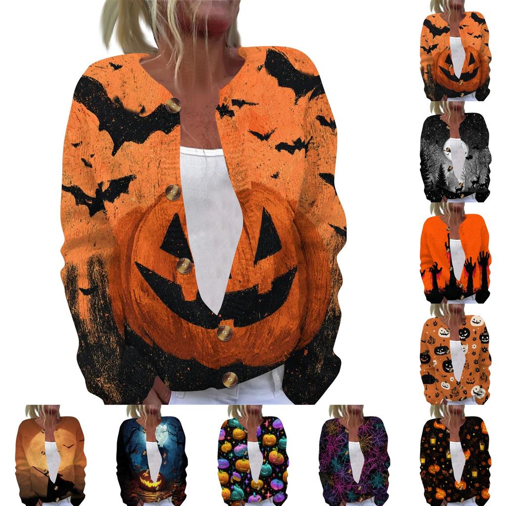 Women's Long Sleeve Halloween Print Cardigan with Button Front for Fall Festive Wear