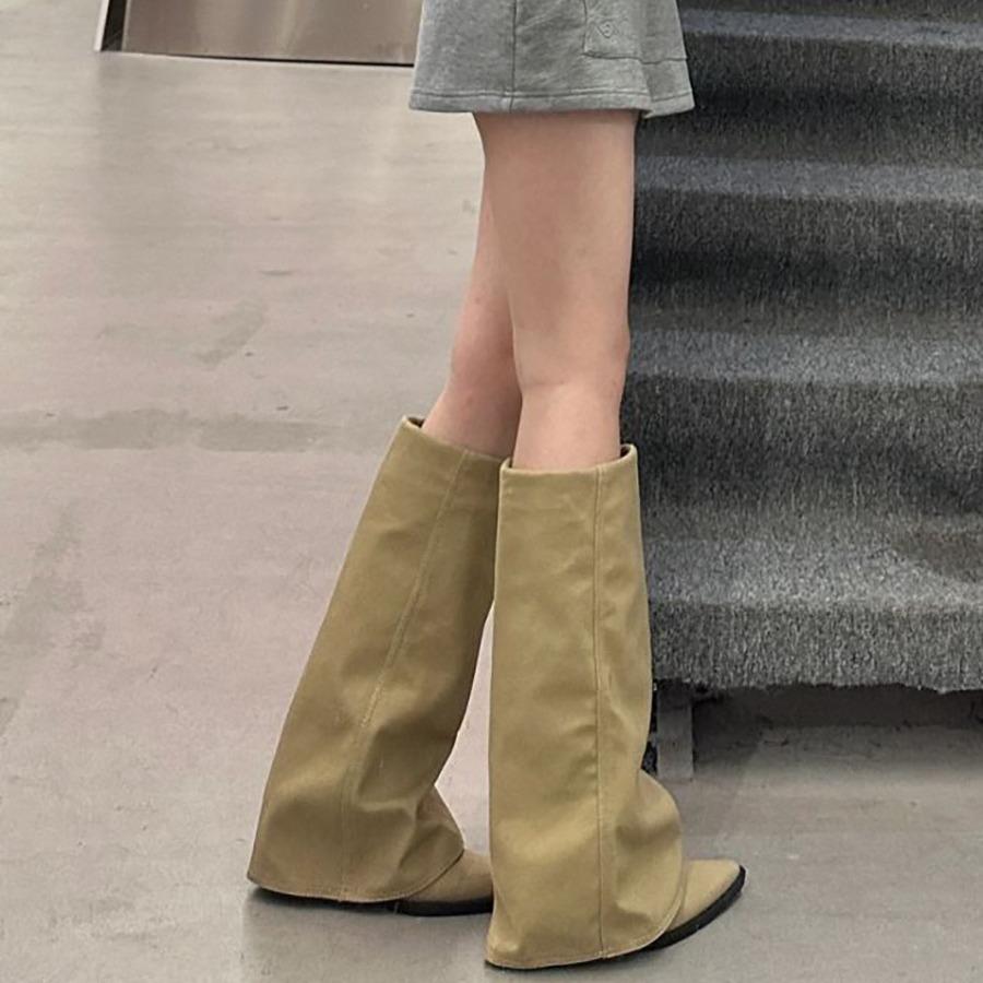 Leather Niche Pointed Heel Thick Heel But Knee Pant Pants Boots Women's Autumn and Winter Long Boots Straight Knight Boots Western Cowboy Boots