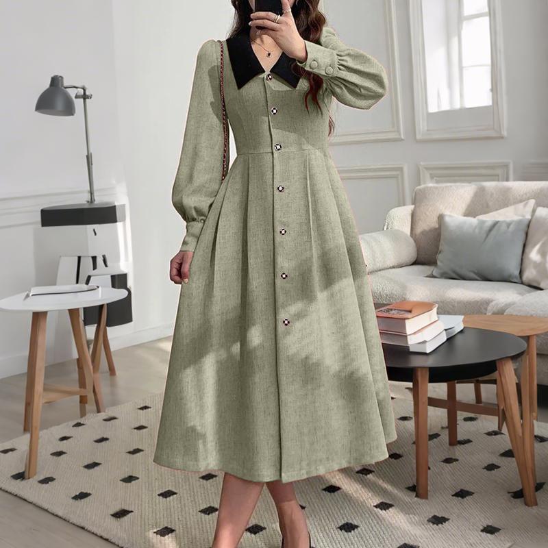 ZANZEA Women Splice Lapel Collar Casual Long Sleeve Elegant Dress